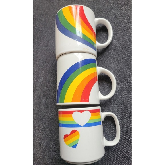 Vintage 70s 80s Russ F.T.D Set Of 3 Rainbow Mugs Mcm Coffee Funky Heart - Picture 6 of 15